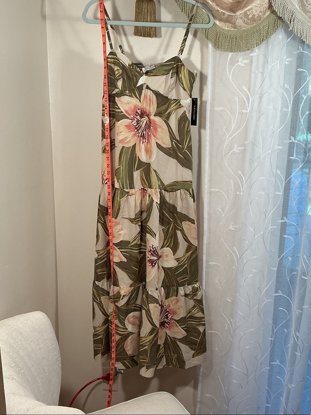 NWT Taylor Floral Tiered Dress Sz S Cream, Pink & Green Cotton Spaghetti Straps - Picture 8 of 13